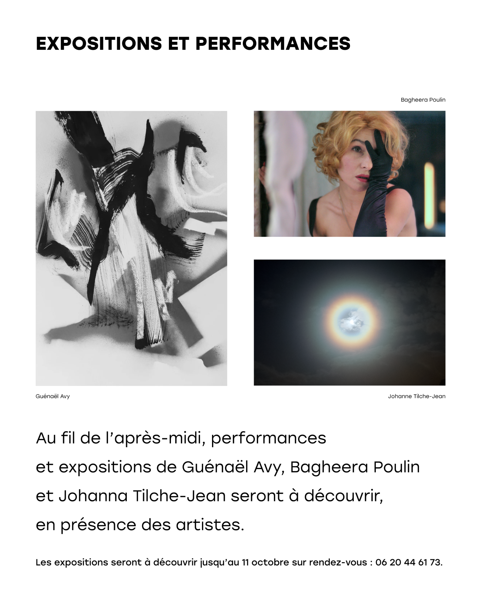 Programme des expositions et performances de Guénaël Avy, Bagheera Poulin et Johanna Tilche-Jean